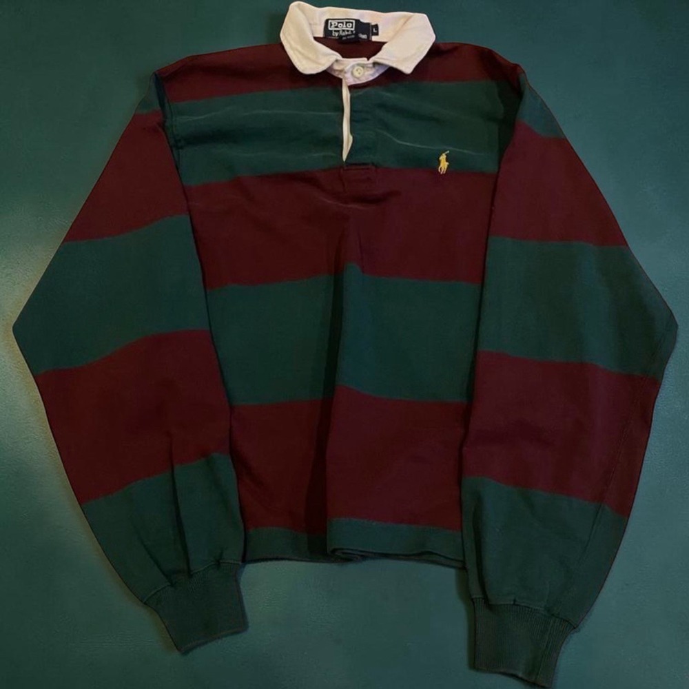 Polo Ralph Lauren 90s Rugby Shirt Striped Pony Logo Maroon Green Mens Large USA
